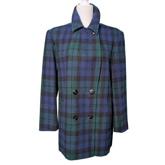 Vintage Checked 100% Wool Coat with Austrian Crystals - Blue Green Tartan - Picture 7 of 15